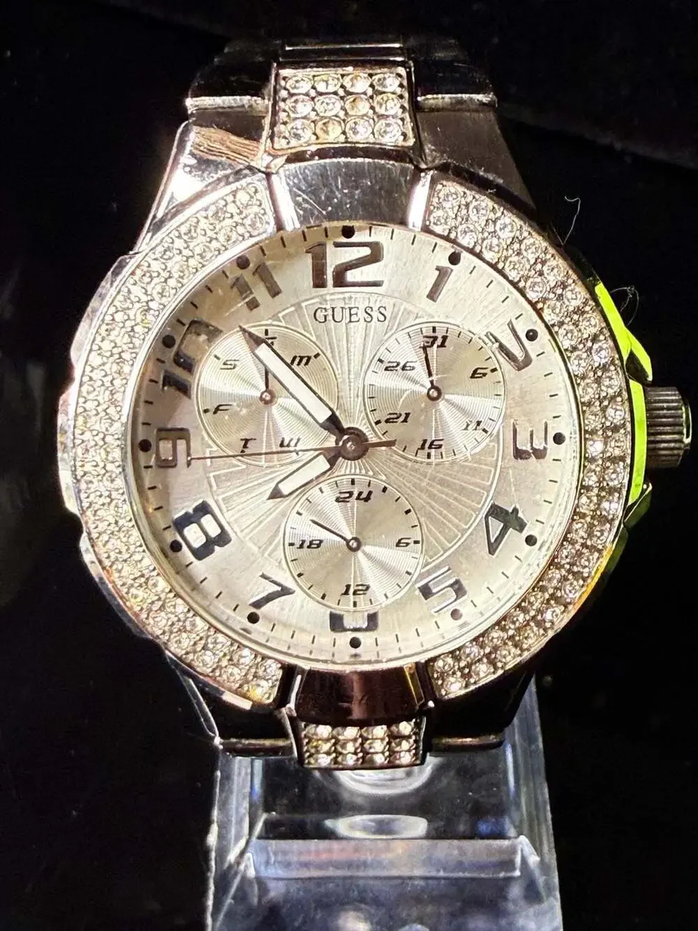 Guess Prism Women's Silver-Tone Stainless Steel Chronograph Crystal Bezel Watch